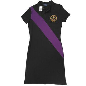 NEW Polo Ralph Lauren Dress XS Black With Purple Sash Stripe & Big Gold RL Crest